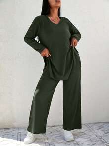 EURMUSE Plus Size Casual Solid Color Side Slit T-Shirt And Pants 2 Pieces Set - Army Green - View 3