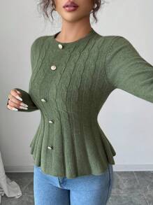 Elenzga 秋冬麻花绳橄榄绿长袖优雅套头衫 - 軍綠色 - 查看 6