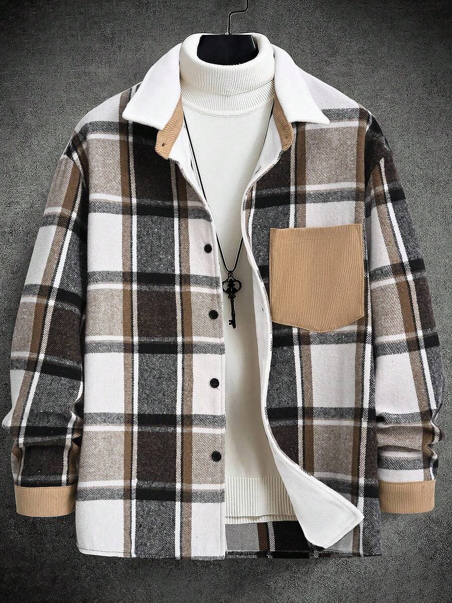 Manfinity Homme 宽松男士格子贴袋休闲大衣，秋冬款 - 彩色 - 查看 1