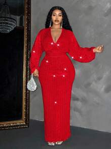 Maweii Đầm maxi dự tiệc cỡ lớn dành cho nữ, gợi cảm, cổ chữ V sâu, tay phồng, đính sequin, màu đỏ. - Đỏ - Xem 6