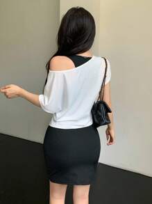 SHEIN LUNE 白色短袖上衣，不對稱領口設計，和黑色無袖卡米洋裝，夏季休閒2件套裝 - 黑與白 - 查看 2