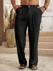 Manfinity RSRT Avant-Garde Long Black Plain Linen Pants For Men With Relaxed Fit And Zipper Detail, Fall - Black - View 4