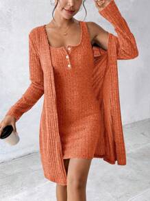 EMERY ROSE 女士性感两件套蓝色连衣裙，秋冬 - 橘色 - 查看 3