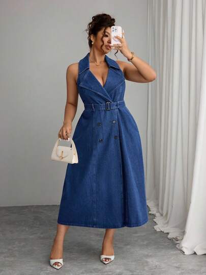 Elenzga 大码女式无袖双排扣牛仔连衣裙