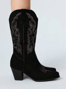 ROMWE Fairycore Giày bốt cao bồi miền Tây cổ điển màu đen dành cho nữ, Giày bốt cao đến giữa bắp chân thêu họa tiết thời trang thường ngày ngoài trời, mùa xuân thu - màu đen - Xem 4