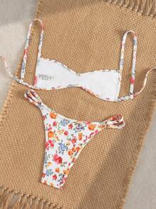 Swim Mod 2pcs Women Random Print Spaghetti Strap Criss-Cross Back Adjustable Side Bikini Set For Summer Beach Vacation - Multicolor - View 4