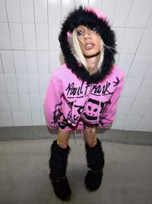 Paul Frank X ROMWE Conjunto de 2 piezas con sudadera con capucha corta y falda mini ultra baja con estampado de mono para mujer