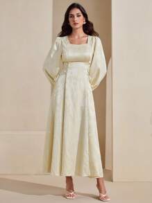 Graceveil Vestido amarillo claro con cuello cuadrado, tela de jacquard texturizada, cintura ceñida y falda acampanada para mujeres, ropa de otoño para mujeres - Butter Yellow - Ver 3