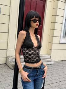 SHEIN Unity New Versatile V-Neck Pure Lace Women Camisole - Black - View 3