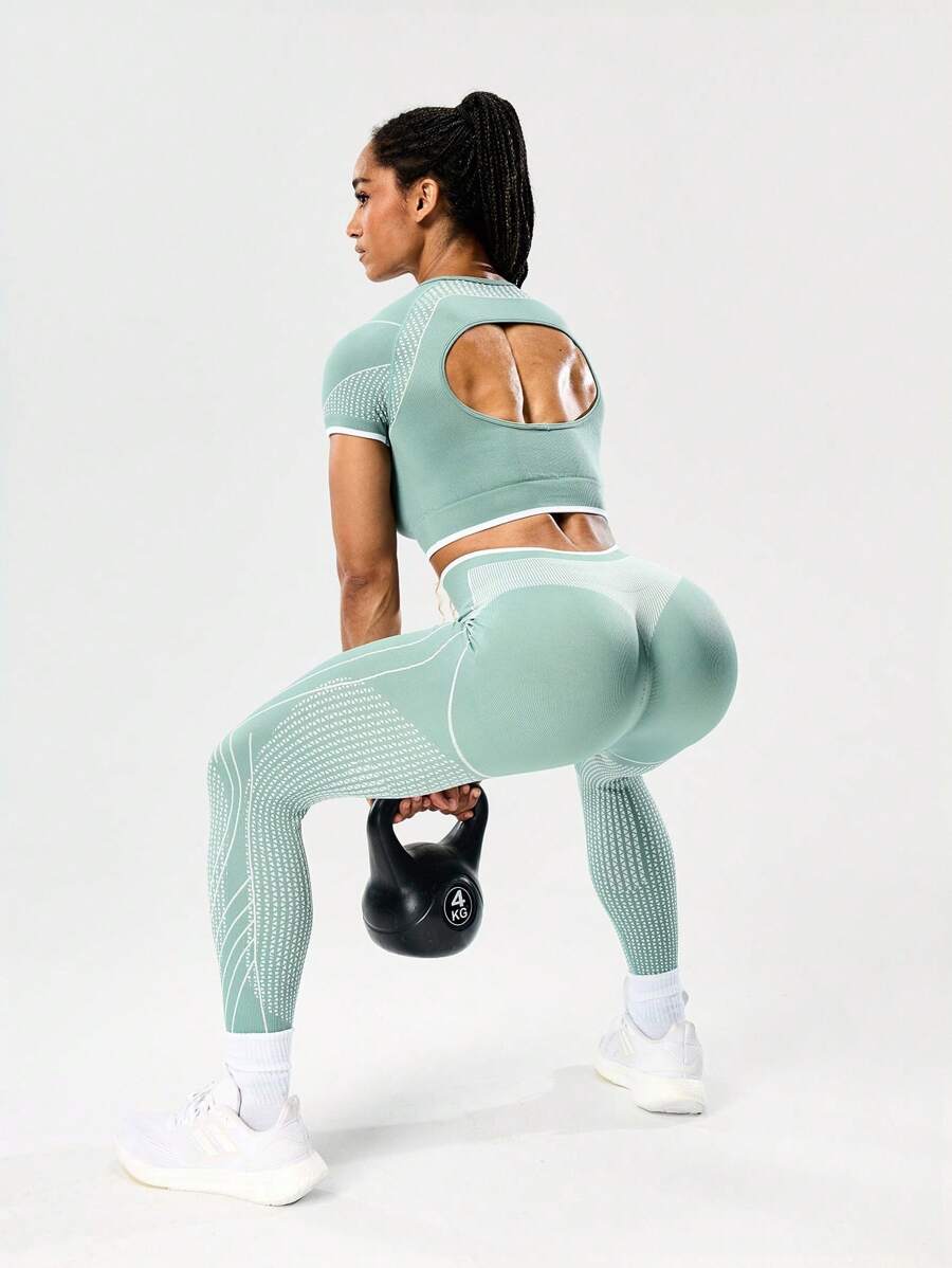 SHEIN Sports 2件套女士户外休闲短袖上衣和紧身裤运动套装健身套装 - 綠色 - 查看 1