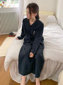 Hapijoa Tween Girl Plaid Long Sleeve & Long Pants Pajama Set - Navy Blue - View 6