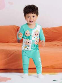 CoComelon X SHEIN 2pcs/Set Baby Boy Cartoon Figure Graphic Rib-Knit Top & Pants Snug Fit Pajamas, Autumn/Winter Fall