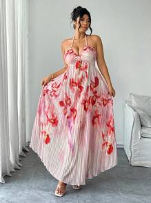 Elenzga Romantisches Maxikleid in Große Größen mit Aquarellmuster in Mehrfarbigkeit, Blumen-Muster, Spaghettiträgern, geraffter Büste, plissiertem Saum, eleganter Freizeitmode für den Urlaub - Verschiedenfarbig - Übersicht 4