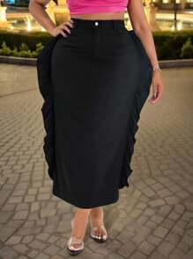 TrendSteals Plus Size Women Black Elastic Ruffled Hem Fitted Casual A-Line Skirt, Autumn Vacation Fall Cloth For Women - Black - View 5