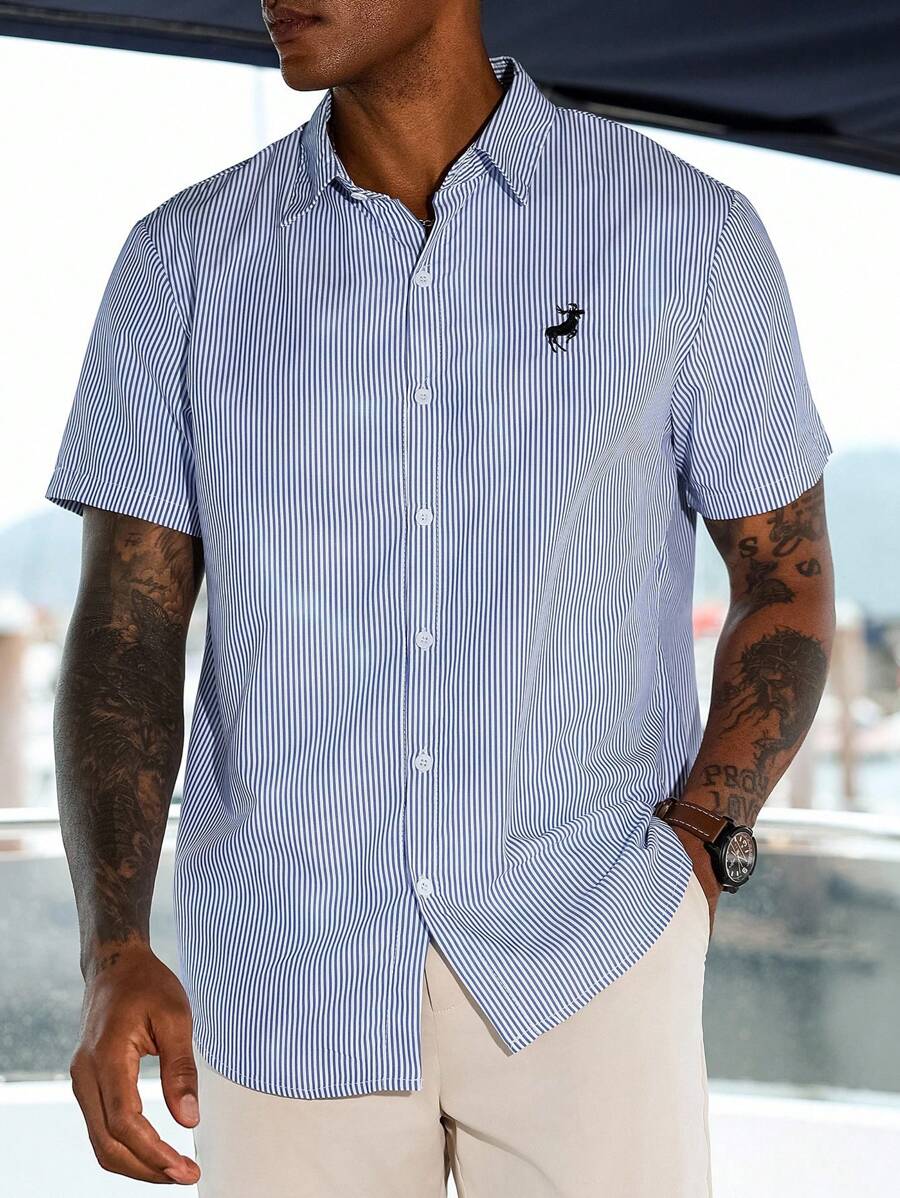 Manfinity Homme 男士条纹单排扣休闲/商务短袖衬衫