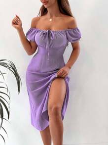 EURMUSE Tie Front Split Thigh Puff Sleeve Dress - Purple - View 4