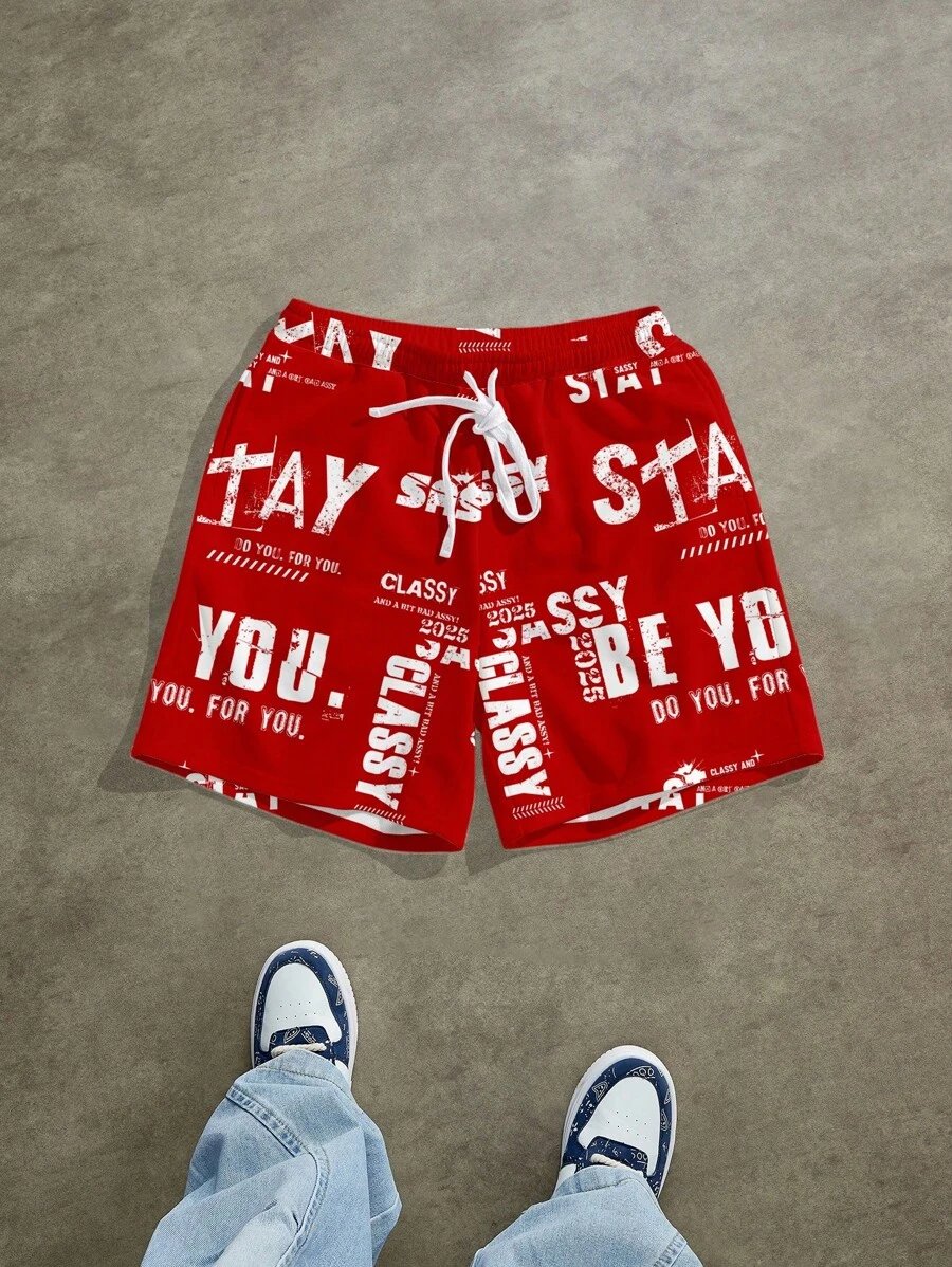 Manfinity ZONE917 标准尺寸男士字母印花宽松短裤，适合夏季 - 紅色 - 查看 1