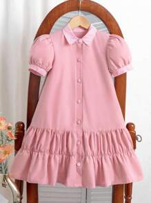 Robe d'été décontractée pour jeune fille avec patchwork à carreaux et manches bouffantes - Rose bonbon - Voir 6