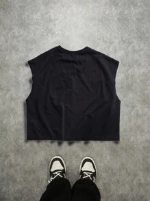 Manfinity ZONE917 大尺寸無袖上衣，彩色超現實性感人體圖案印花，短版，度假風 - 黑色 - 查看 4