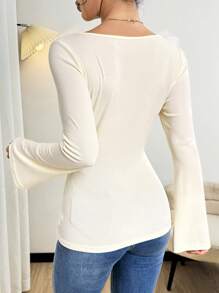 Modelyn Women's Asymmetrical Collar Long Sleeve Elegant T-Shirt With 3D Floral Decor, Spring Autumn Graphic Tees Women Tops For Spring Fall Cloth For Women - Apricot - View 2