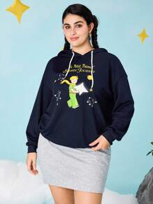 LE PETIT PRINCE X SHEIN 大码卡通人物图案抽绳连帽运动衫 - 藏蓝色 - 查看 1