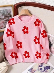 SHEIN Tween 女童休闲花卉图案圆领毛衣 - 粉色 - 查看 4