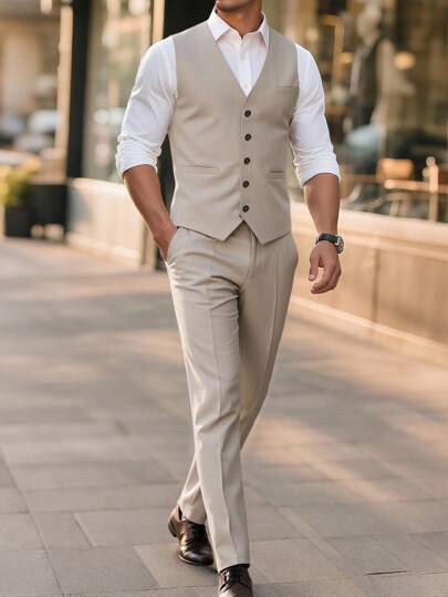 Calvornis Men's Solid Color Business Commute Vest & Pants Suit Men Vest Suit