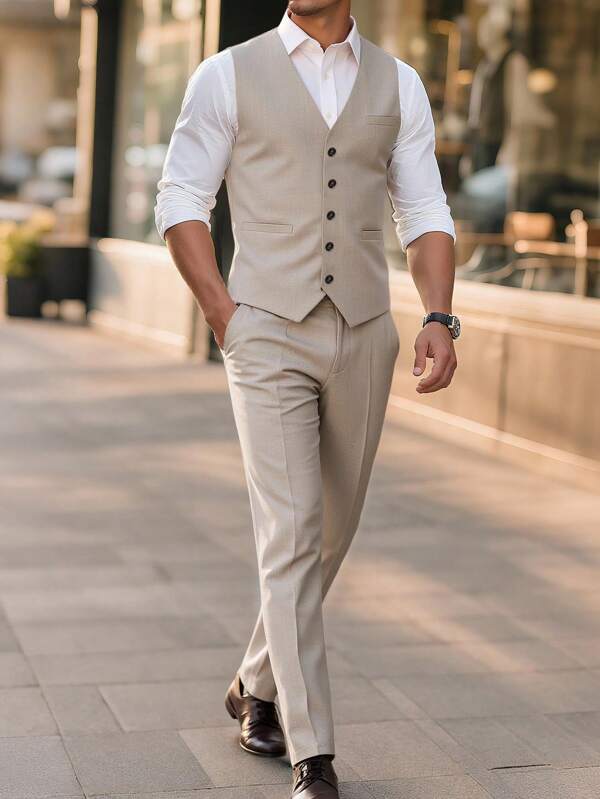Manfinity Mode Men's Solid Color Business Commute Vest & Pants Suit Men Vest Suit