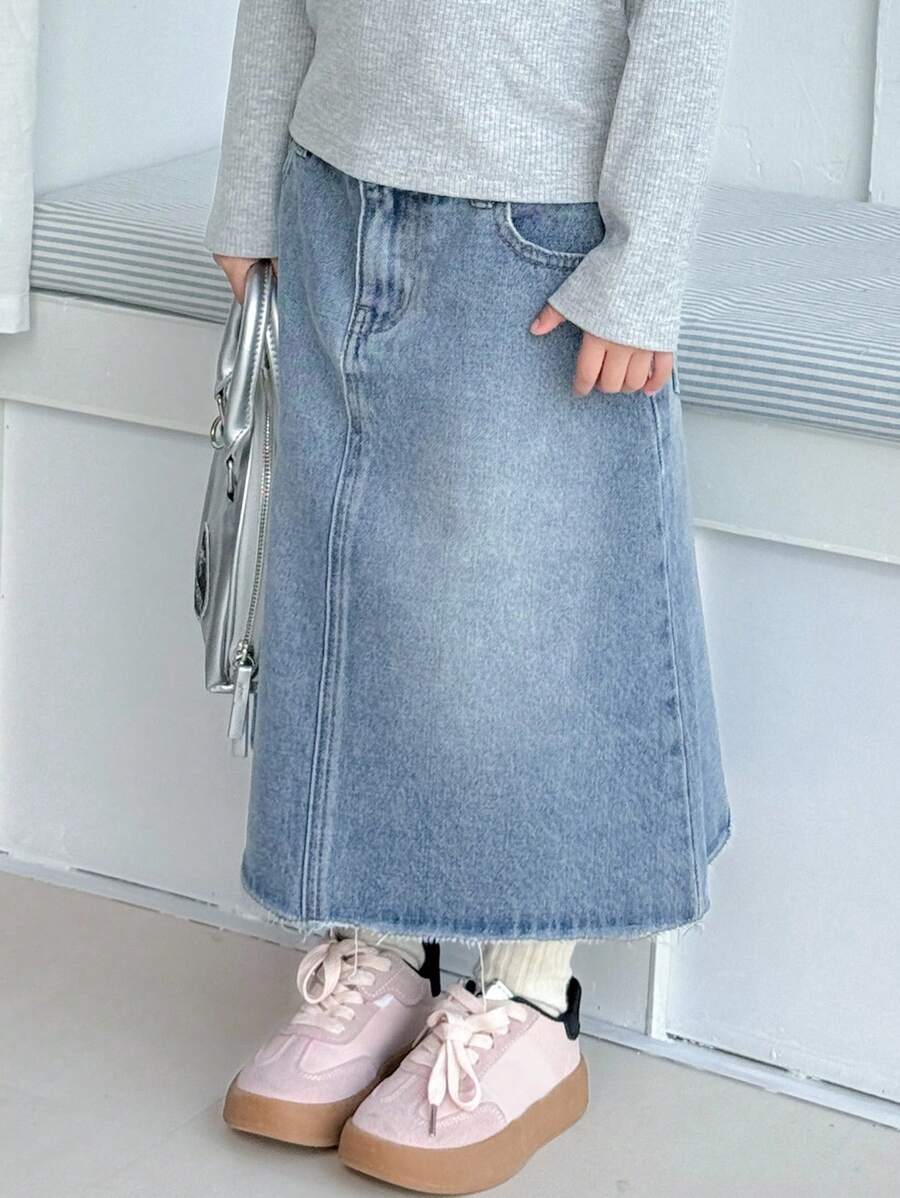 Dazy Kids 年轻女孩休闲水洗牛仔磨边迷你裙