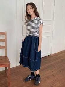 DAZY 2pcs Girls Summer Casual T-Shirt And Denim Skirt Set, Street Style - Blue - View 4