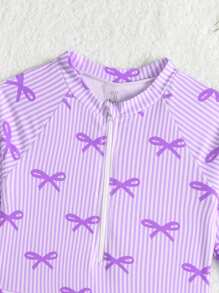SHEIN 女童蝴蝶结条纹插肩袖荷叶边连体泳衣紫色泳衣长袖泳衣女童紫色泳衣女童长袖泳衣紫色泳装女童可爱淡紫色长袖连体泳衣，带蝴蝶结图案和荷叶边女童短款淡紫色泳衣，圆领拉链闭合可爱时尚长袖泳衣，自然腰线女童长袖泳衣女童紫色泳衣紫色蝴蝶结泳衣女童 - 淡紫色 - 查看 3