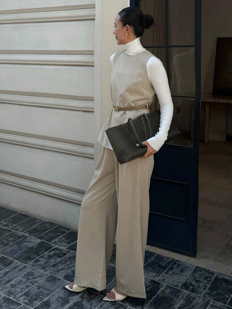 2pcs Women Minimalist Commuter Solid Color Sleeveless Top And Wide Leg Pants Set With Belt
