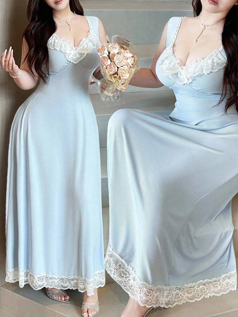 Vibekara 大码菱形领罗纹拼色盖袖连衣裙 - 藍色 - 查看 1