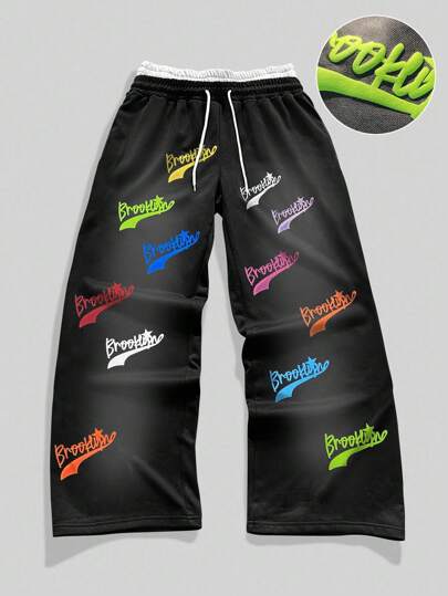 Street Life Pantalones de chándal casuales para hombres con cintura con cordón y estampado de contraste