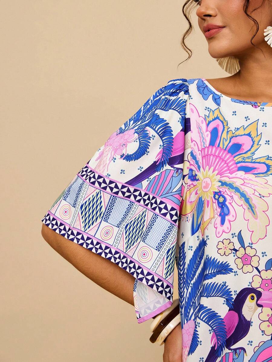 Travachic Plus Size Women Tropical Bohemian Print Loose Fit Round Neck Short Sleeve Casual Dress, Suitable For Autumn,Holiday Outfits For Women - Mauve Purple - View 1