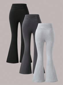 3pcs/Set Tween Girls Casual All-Match Versatile Yoga Sports Jersey Style High Waist Wide Waist Fitted Flare Pants Chic Outfits For Autumn/Winter Fall