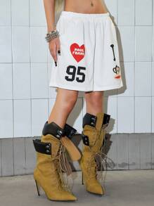 Paul Frank X ROMWE 女士休闲字母和猴子印花松紧腰短裤，夏季 - 白色 - 查看 8