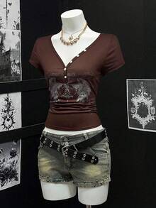 EgrlEra Women's Sheer Printed V-Neck Half-Zip Short Sleeve T-Shirt - Multicolor - View 3