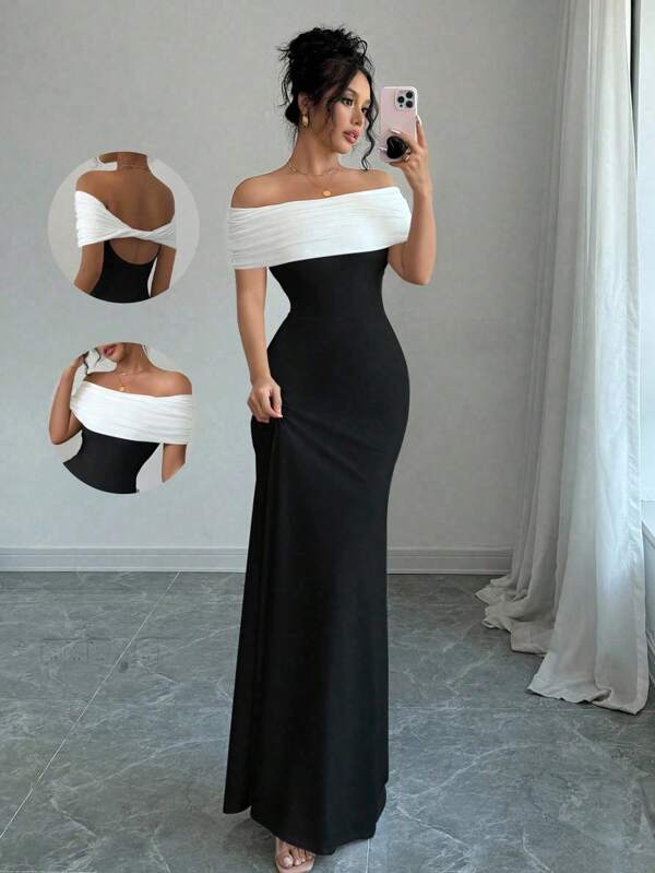 Rafferiza Vestido largo con bajo de cola de pez de contraste de color negro y blanco de hombros descubiertos encantador y maduro para verano de mujer