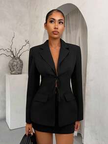 SHEIN SXY 女士翻领长袖通勤系带蝴蝶结西装外套 - 黑色 - 查看 4