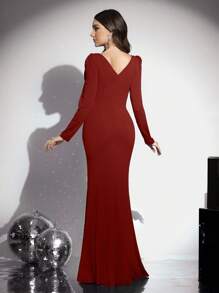 Coutiva 优雅的皇家蓝色长袖V领侧开衩钻石装饰晚礼服 - 鏽棕色 - 查看 2