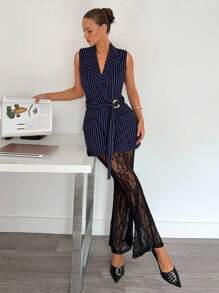 Siren Gaze 女式金属扣装饰无袖修身西装外套 - 藏蓝色 - 查看 7