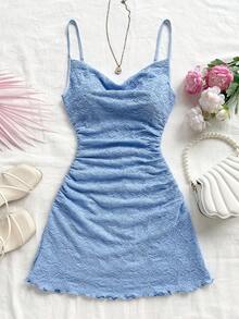 Soleia Pastel Yellow Women's Mini Sundress With Ruffled Neckline, Backless Design, Suitable For Holiday, Date, Afternoon Tea, Vacation, Music Festival, Bohemian Style Baby Blue Dress Blue Summer Dress Blue Vacation Dress Powder Blue Dress Blue Dress Summer - Blue - View 4