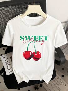 Glimmora Women's Summer Letter & Cherry Blossom Printed Crew Neck Short Sleeve Casual T-Shirt Graphic Tees Women Tops - White - View 3