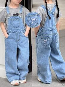 SHEIN 少女休闲水洗牛仔蝴蝶刺绣背带裤