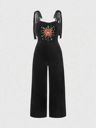 Goth Gothic Plus Size Women Lace Applique Rhinestone Teardrop Crystal Star Decor Square Neck Lace-Up Bodysuit