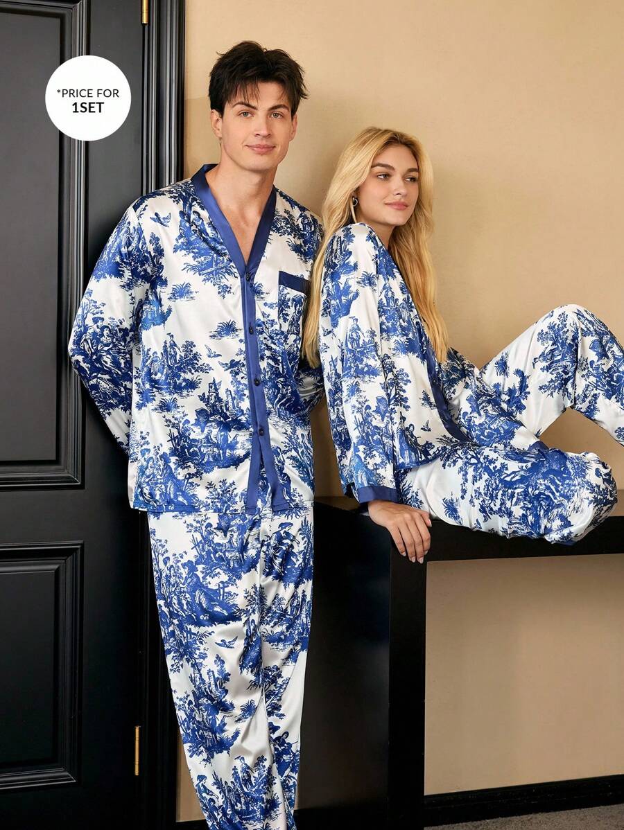 SHEIN 缎面口袋长袖上衣和长裤男士睡衣套装舒适优雅细节，秋季服装 - 藍白色 - 查看 1