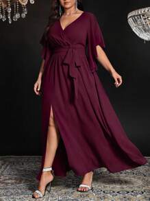 Auvina Plus Size Women's Solid Color Fitted V-Neck Flare Sleeve Tie Waist Ruched Slit Elegant Party Maxi Dress