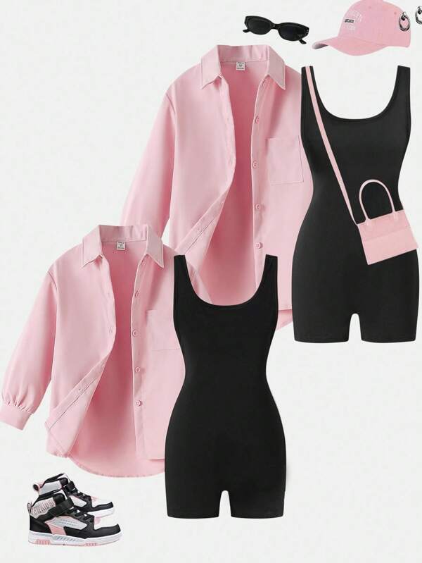 2pcs/Set Young Girl' Vacation Casual Comfortable Long Sleeve Shirt And Sleeveless Snug Fit Pants Set