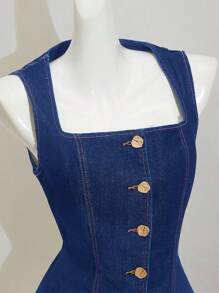 SHEIN MOD 女式休闲前扣无袖牛仔衬衫，夏季 - 中等水洗藍 - 查看 3